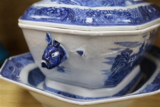 A Chinese blue and white large tureen, cover and a similar dish, Qian Lung period